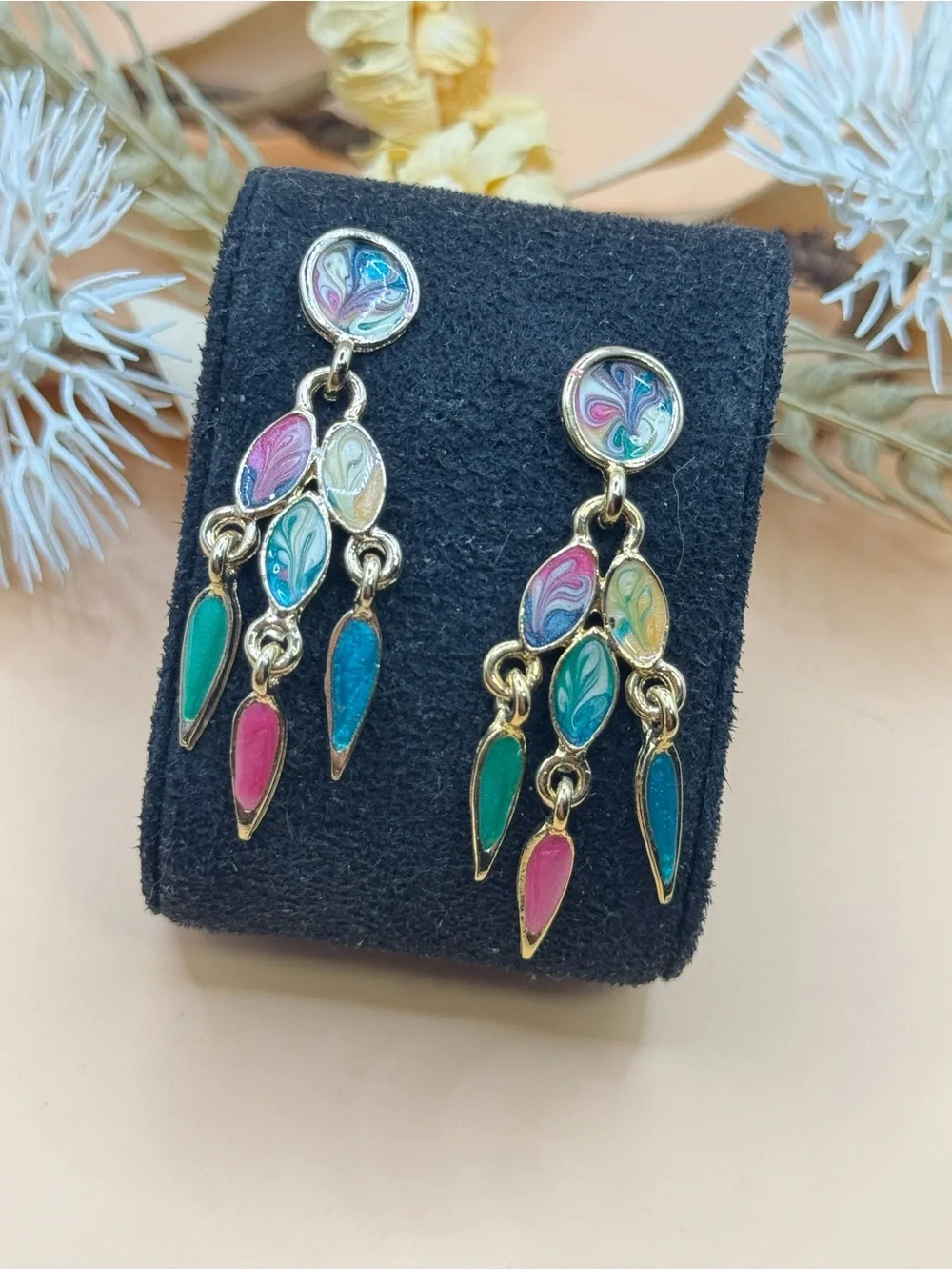 Vintage Colorful Enamel Dangle Chandelier Earrings Gold Tone Abstract Multicolor